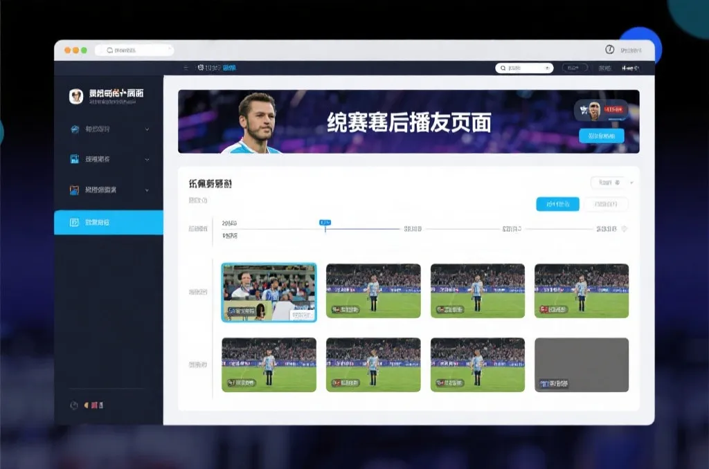 比赛结束后，电视屏幕展示集锦回放页面，旁边有时间轴和多角度切换提示